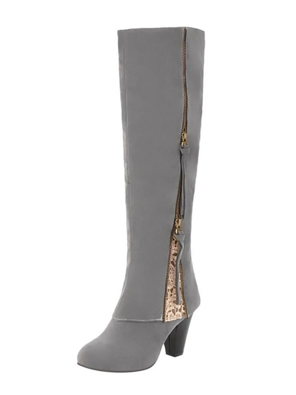 Over-the-Knee Gray Block Heel Boots with Snake-Print Heel Accent